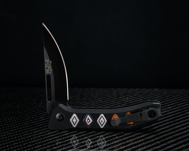 Custom Kwaiken Folder - White Camoquartz, Fordite and Desert Ironwood Inlay, Anodized Black Handle, Black Nitride Blade, Textured Grip, Deep Carry Pocket Clip