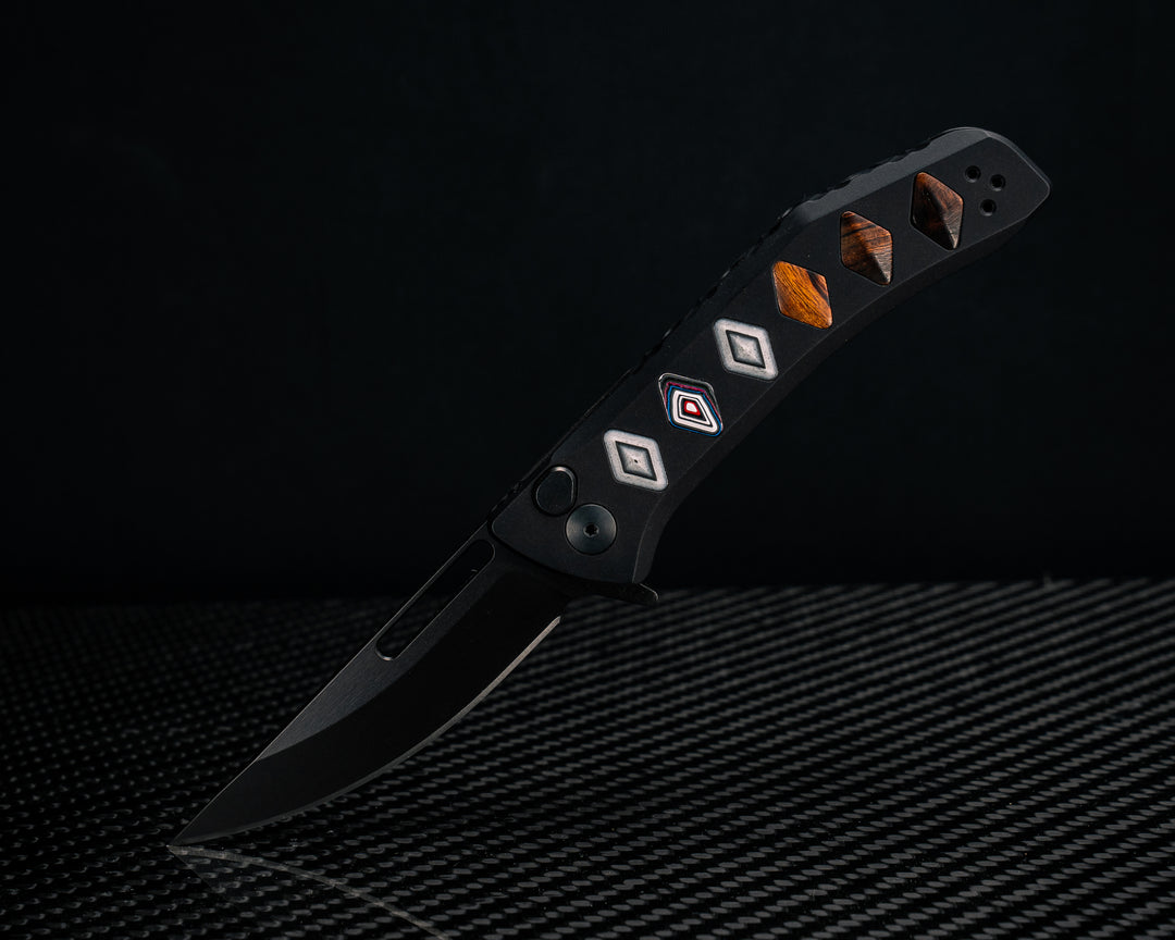 Custom Kwaiken Folder - White Camoquartz, Fordite and Desert Ironwood Inlay, Anodized Black Handle, Black Nitride Blade, Textured Grip, Deep Carry Pocket Clip