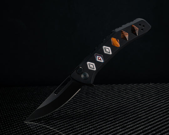 Custom Kwaiken Folder - White Camoquartz, Fordite and Desert Ironwood Inlay, Anodized Black Handle, Black Nitride Blade, Textured Grip, Deep Carry Pocket Clip