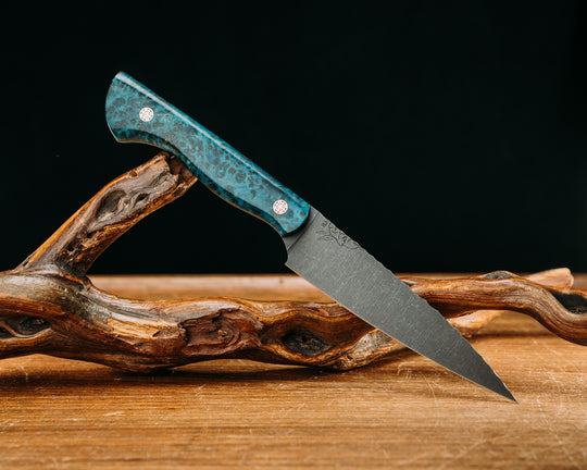 Pairing Knife- Dyed Black Ash, Mosaic Pins, Smooth Grip.