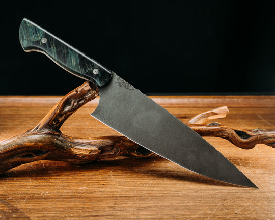 Chef Blade - Dyed Box Elder, Black & Ivory G10 Liners, Mosaic Pins Smooth Grip.