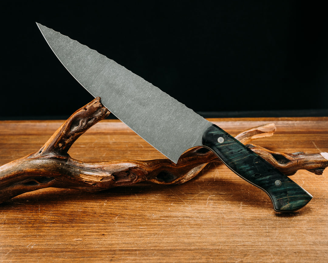 Chef Blade - Dyed Box Elder, Black & Ivory G10 Liners, Mosaic Pins Smooth Grip.