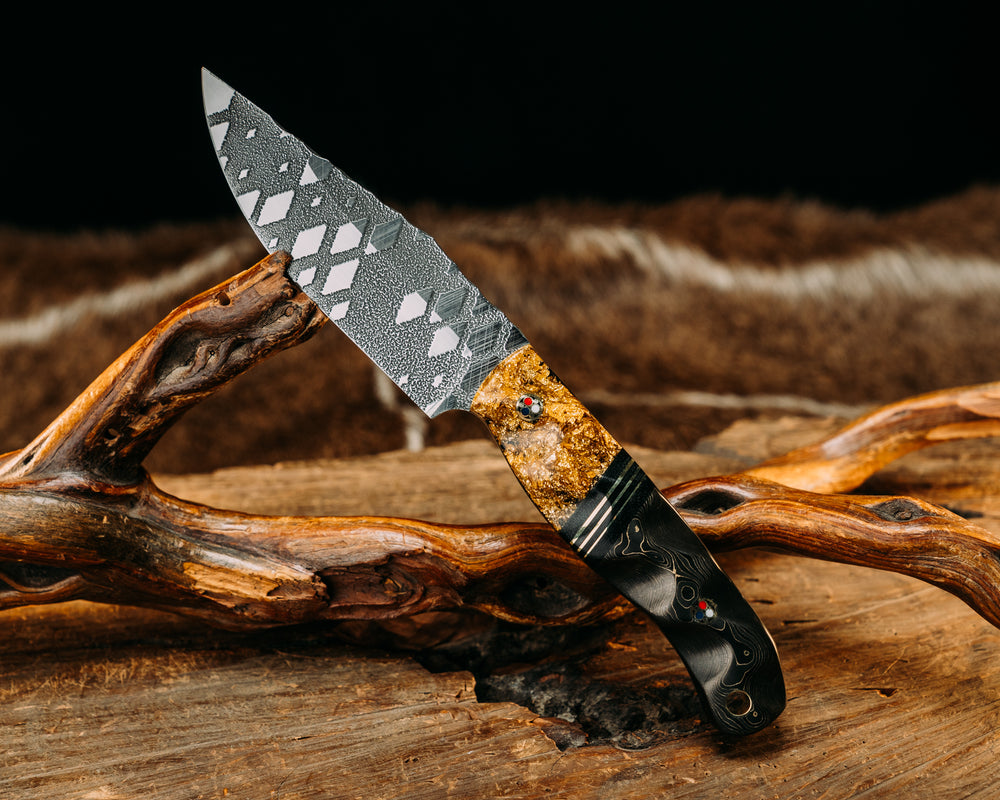 Crow Scalper- Gold Flakes in resin, Black Canvas Micarta & Brass Split, Gold Camo Carbon, Patriot Mosaic Pins, Brass Lanyard Pin.