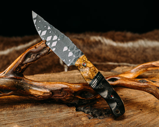 Crow Scalper- Gold Flakes in resin, Black Canvas Micarta & Brass Split, Gold Camo Carbon, Patriot Mosaic Pins, Brass Lanyard Pin.