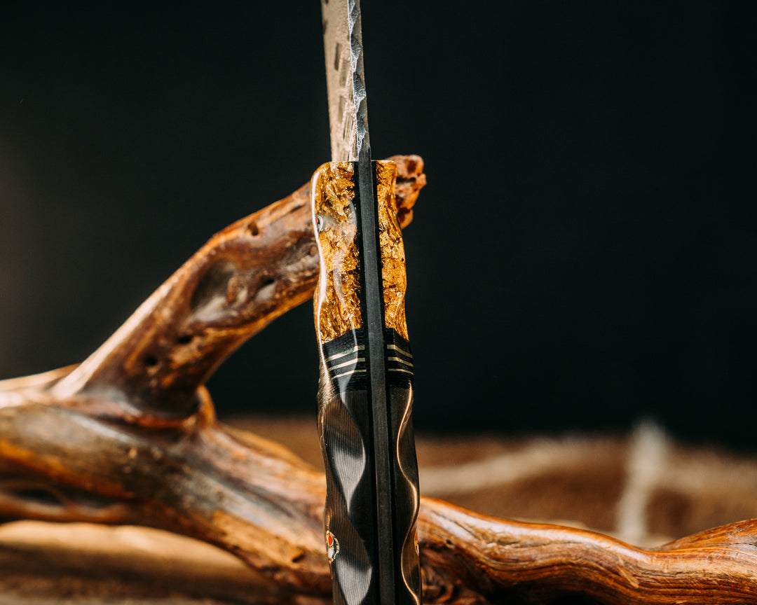Crow Scalper- Gold Flakes in resin, Black Canvas Micarta & Brass Split, Gold Camo Carbon, Patriot Mosaic Pins, Brass Lanyard Pin.