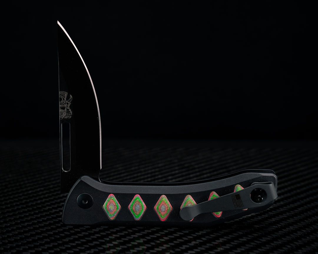 Custom Kwaiken Folder-  Aurora Camoquartz, Anodized Black Handle, Black Nitride Blade, Textured Grip, Deep Carry Pocket Clip