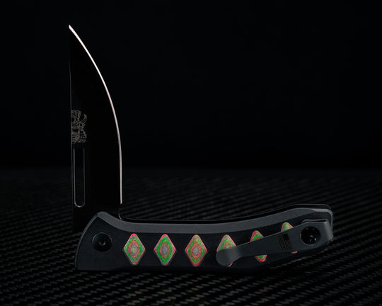 Custom Kwaiken Folder-  Aurora Camoquartz, Anodized Black Handle, Black Nitride Blade, Textured Grip, Deep Carry Pocket Clip