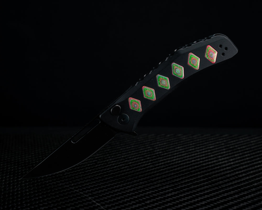 Custom Kwaiken Folder-  Aurora Camoquartz, Anodized Black Handle, Black Nitride Blade, Textured Grip, Deep Carry Pocket Clip