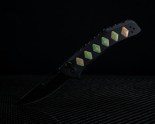 Custom Kwaiken Folder-  Aurora Camoquartz, Anodized Black Handle, Black Nitride Blade, Textured Grip, Deep Carry Pocket Clip