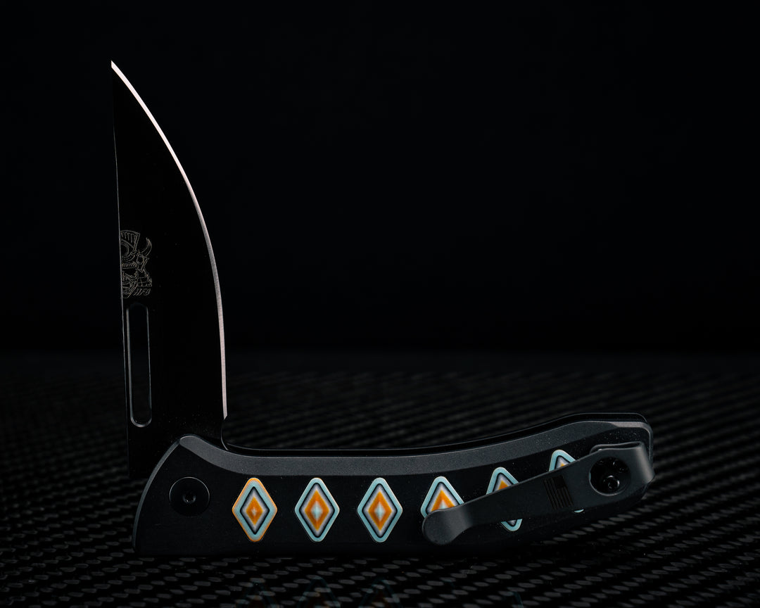 Custom Kwaiken Folder-  Prototype CamoQuartz 1.26, Anodized Black Handle, Black Nitride Blade, Textured Grip, Deep Carry Pocket Clip