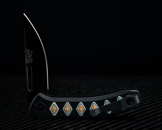 Custom Kwaiken Folder-  Prototype CamoQuartz 1.26, Anodized Black Handle, Black Nitride Blade, Textured Grip, Deep Carry Pocket Clip