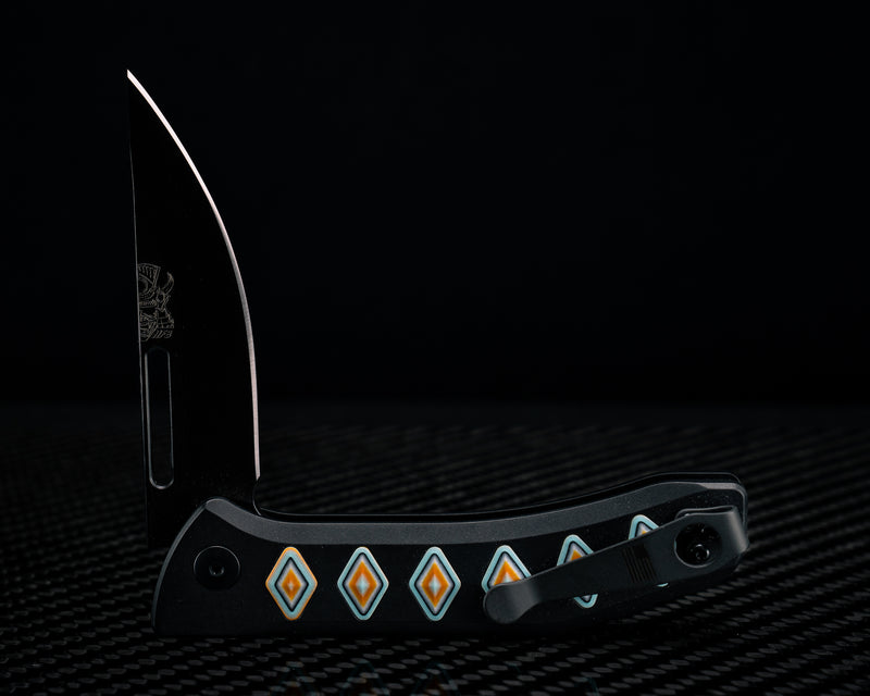 Custom Kwaiken Folder-  Prototype CamoQuartz 1.26, Anodized Black Handle, Black Nitride Blade, Textured Grip, Deep Carry Pocket Clip