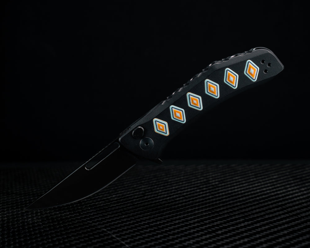 Custom Kwaiken Folder-  Prototype CamoQuartz 1.26, Anodized Black Handle, Black Nitride Blade, Textured Grip, Deep Carry Pocket Clip