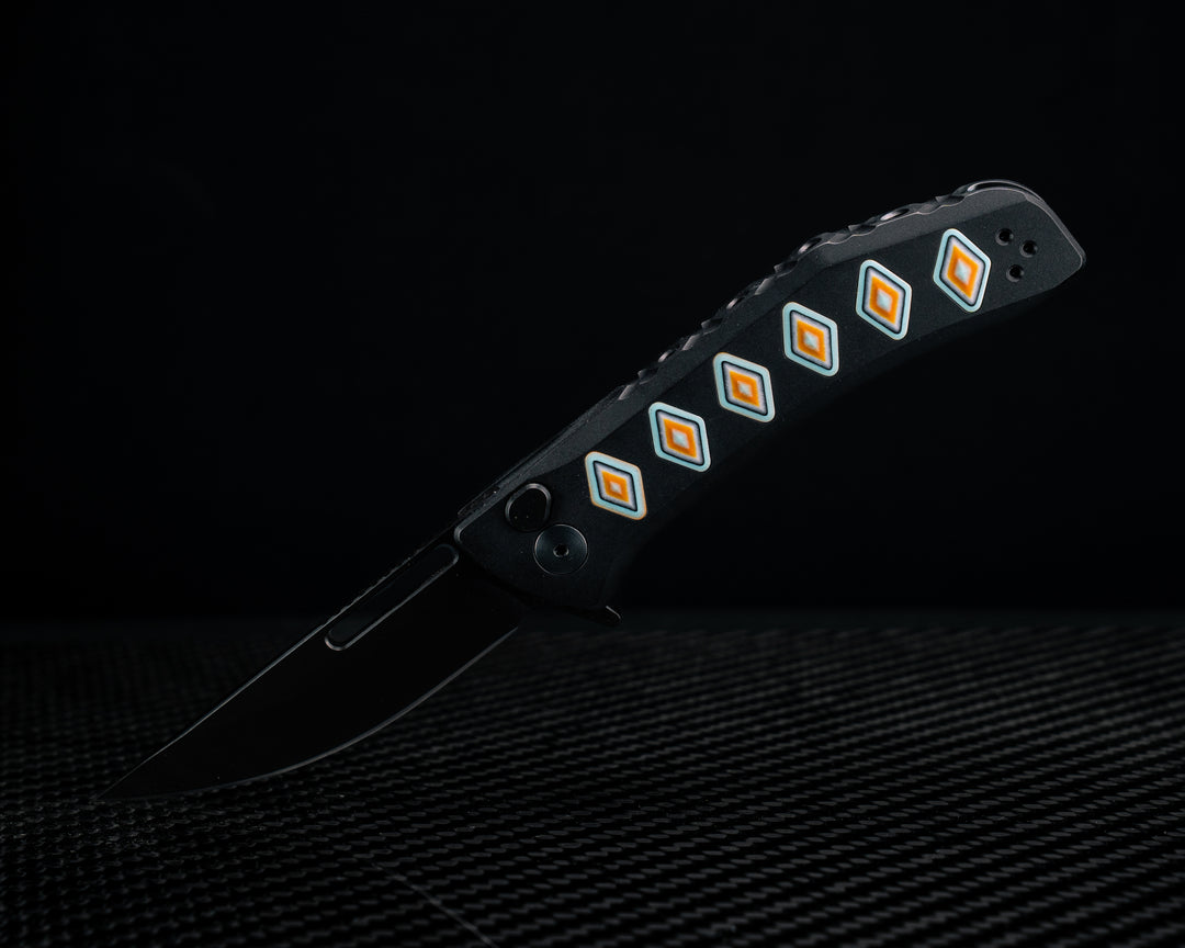 Custom Kwaiken Folder-  Prototype CamoQuartz 1.26, Anodized Black Handle, Black Nitride Blade, Textured Grip, Deep Carry Pocket Clip