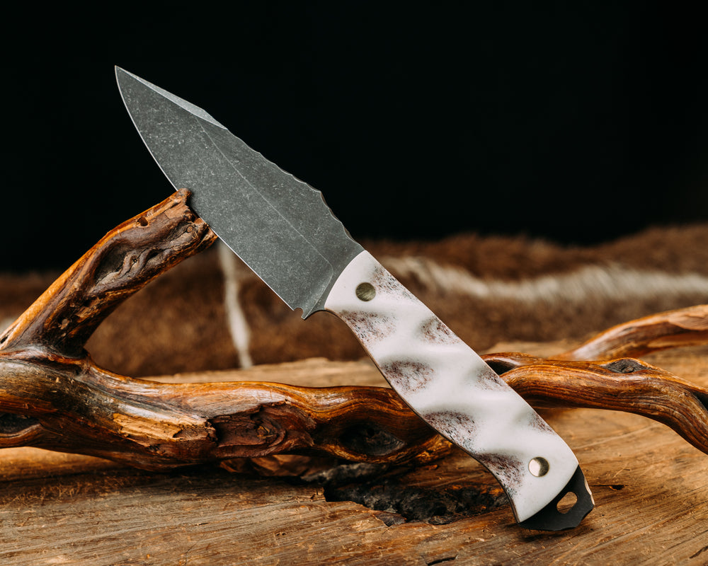 Field Knife- Elk Antler, Brass Pins,Textured Grip.