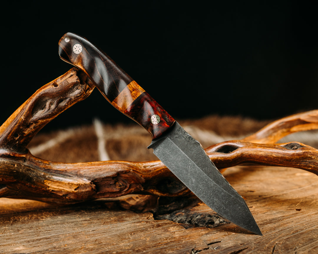 Field Knife Jr- Amboyna, Box Elder Split, Hawaiian Curly Koa, Mosaic Pins, Textured Grip.