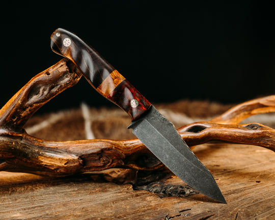 Field Knife Jr- Amboyna, Box Elder Split, Hawaiian Curly Koa, Mosaic Pins, Textured Grip.