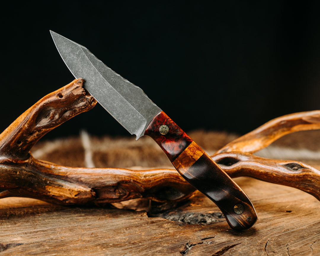 Field Knife Jr- Amboyna, Box Elder Split, Hawaiian Curly Koa, Mosaic Pins, Textured Grip.