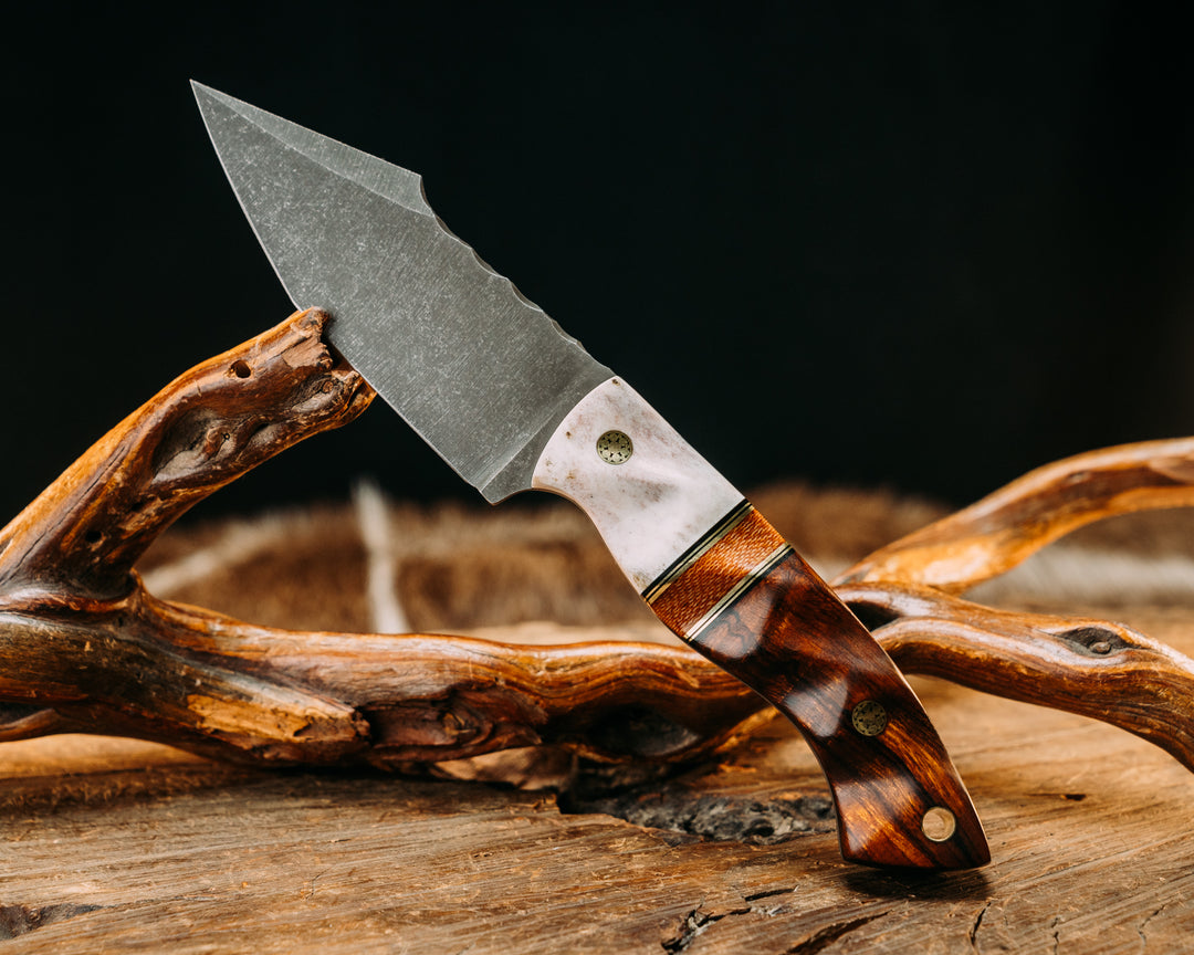 Modified Widow Maker- Elk Antler, Black G10 & Brass Pin Striping, Natural Canvas Micarta, Desert Ironwood, Mosaic Pins, Brass Lanyard Pin, Textured Grip.