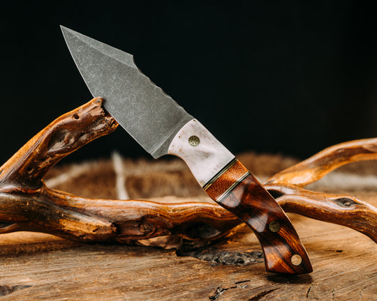 Modified Widow Maker- Elk Antler, Black G10 & Brass Pin Striping, Natural Canvas Micarta, Desert Ironwood, Mosaic Pins, Brass Lanyard Pin, Textured Grip.