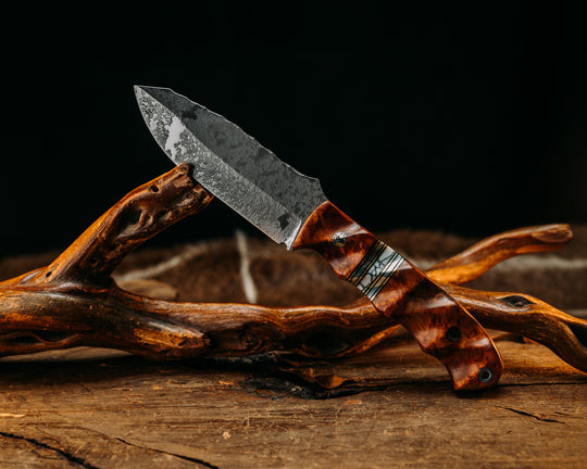 Disaster Jr - Amboyna , Black G10 & Brass Pin Striping, White w/ Black Web TruStone & Aluminum Splits, Mosaic Pins, Aluminum Lanyard Pin, Textured Grip.