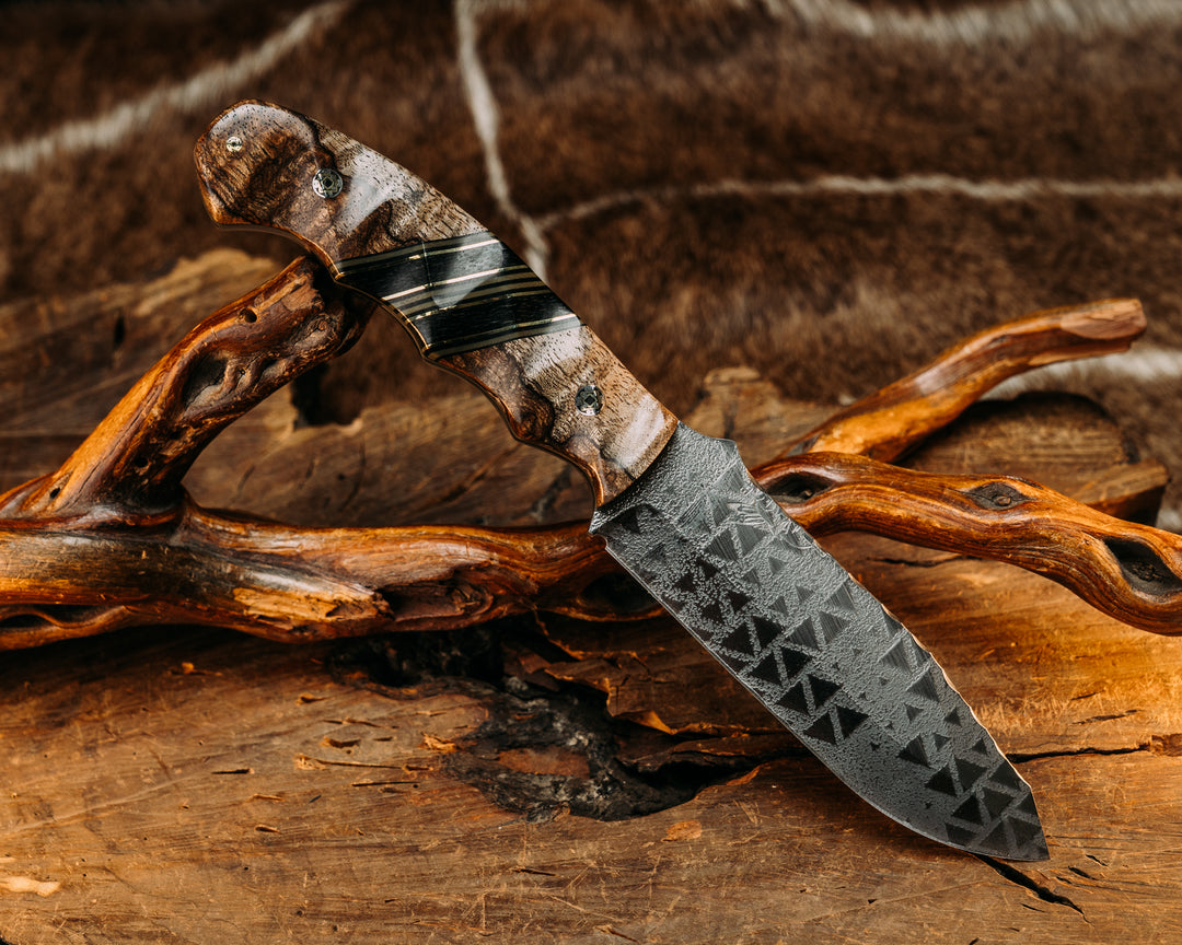 Disaster Breacher- Spalted Maple, Black & OD Green G10 w/ Brass Pin Striping, Black Canvas Micarta Splits, Mosaic Pins, Textured Grip.