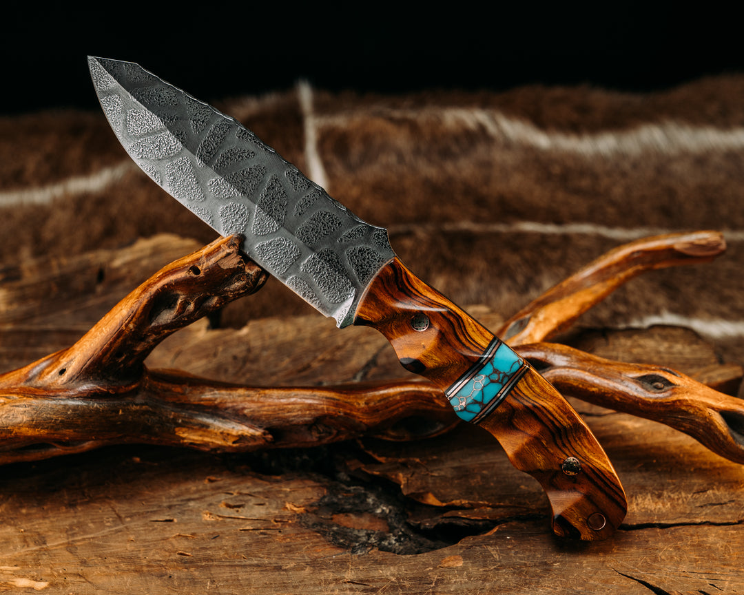 Disaster Breacher- Desert Ironwood, Black G10 w/ Aluminum & Copper Pin Striping, Turqouise w/ Copper Web, Mosaic Pins, Copper Lanyard Pin, Textured Grip.