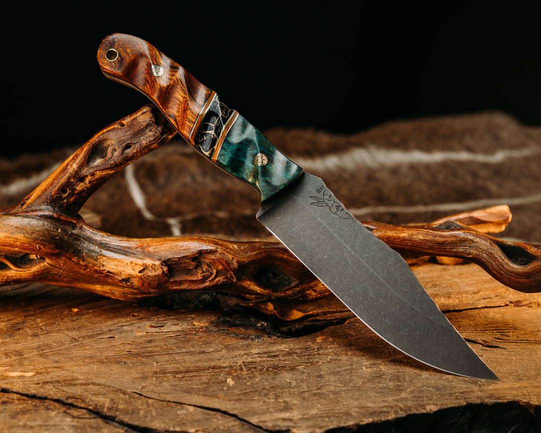 Crow Scout- Dyed Redwood, Black G10 & Brass w/ Natural Canvas Micarta Pin Striping, Black w/ Gold Web TruStone Split, Desert Ironwood, Mosaic Pins, Brass Lanyard Pin, Textured Grip