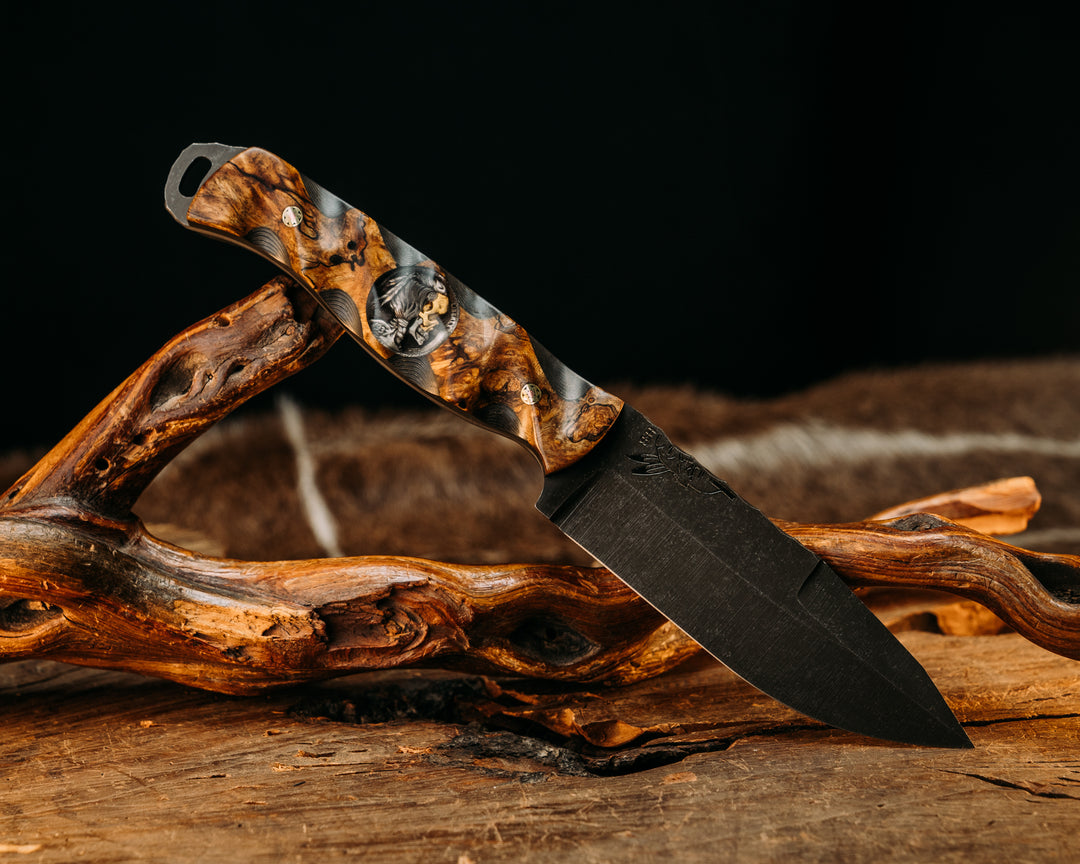 Hog Hunt - Spalted Katalox Over Gold Camo Carbon, ATX Engraving Coin Inlay, Mosaic Pins, Textured Grip.