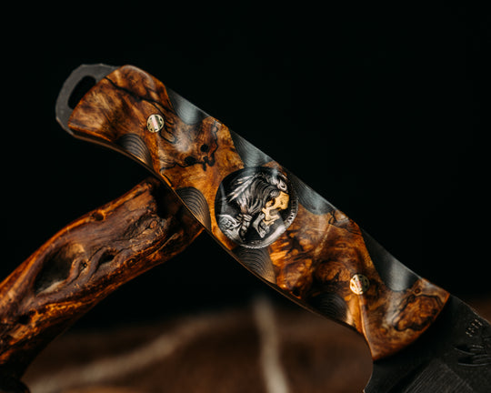Hog Hunt - Spalted Katalox Over Gold Camo Carbon, ATX Engraving Coin Inlay, Mosaic Pins, Textured Grip.