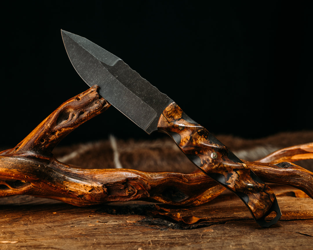 Hog Hunt - Spalted Katalox Over Gold Camo Carbon, ATX Engraving Coin Inlay, Mosaic Pins, Textured Grip.