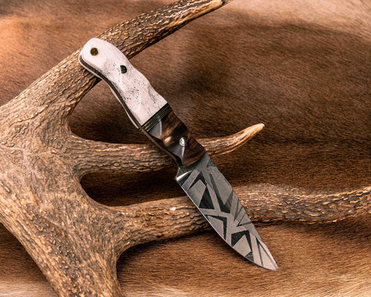 Crow Jr- Hawaiian Curly Koa, Black G10, Brass and Coyote G10 Split, Elk Antler, Mosaic Pins, Brass Lanyard Pin, Textured Grip