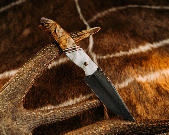 Crow Jr - Vegas Forge Diamond Back Damascus - CO Elk, Black, White & Coyote G10 w/ Copper Split, Afzelia Wood, Mosaic Pins, Copper Lanyrd Pin Textured Grip.