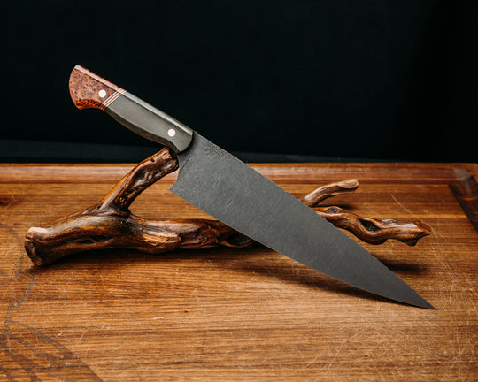 10" Chef Blade - OD Green Canvas Micarta, Black G10 & Brass Pin Striping, Natural Canvas Micarta Splits, Dyed Black Ash, Brass Pins, Smooth grip