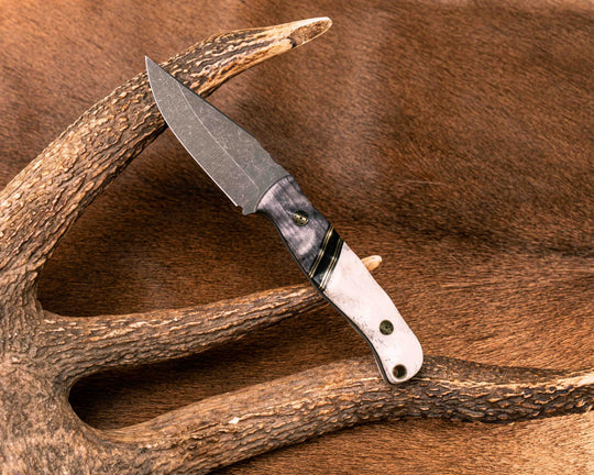Crow Cub - Dyed Maple, Black G10 and Brass Pins Striping, Smoke Resin Split, Elk Antler, Mosaic Pins, Brass Lanyard Pin, Textured Grip