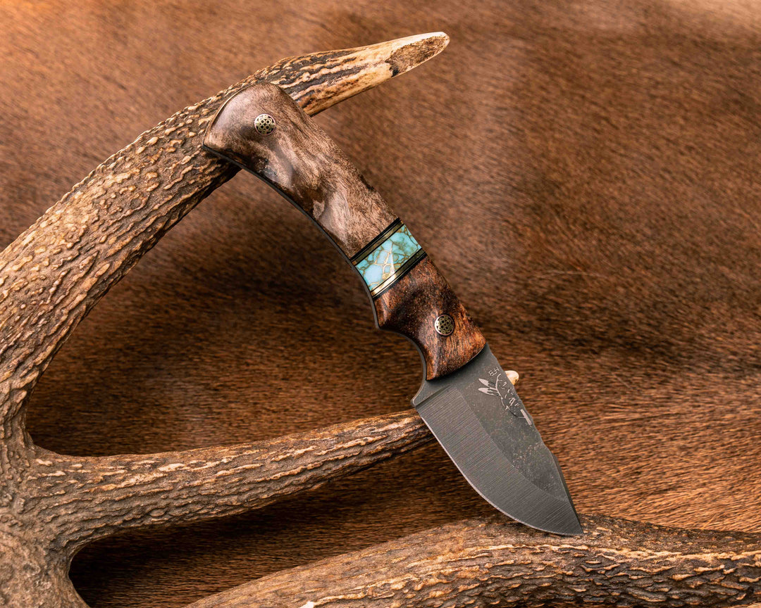 Beef Harpoon- Hawaiian Curly Koa, Black G10 and Brass Pin Striping, Turquoise with Gold Web Tru-stone Split, Weru, Mosaic Pins, Textured Grip