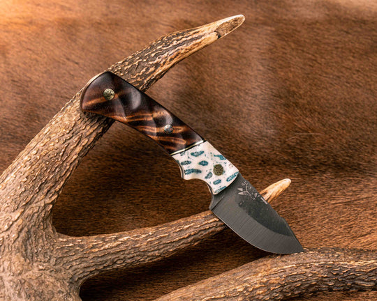 Beef Harpoon- Coral in White Resin, Black G10 and Brass Split, Hawaiian Curly Koa, Mosaic Pins, Textured Grip