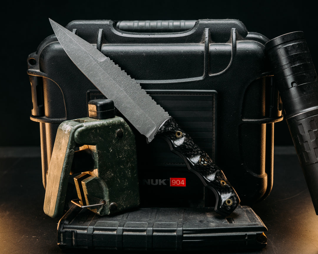 Ranch Knife Jr.- Carbon Fiber, Brass Hollow Pins, 3/8" Mosaic Glow Pin, Textured Grip, Old School Rock Worked Spine