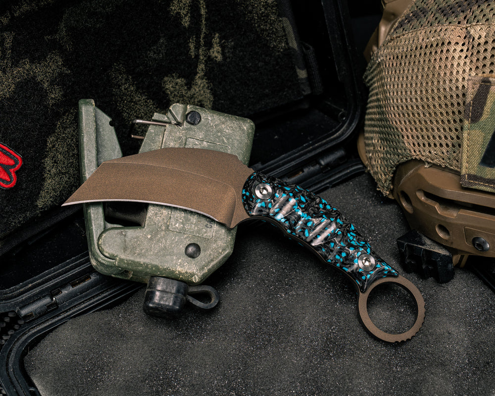 Karambito- Turquoise Rocky Wave Carbon, Midnight Bronze Cerakote, Ti Allen Bolts, Textured Grip