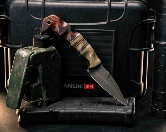 3" HUMINT- OD Green Canvas Micarta, Black G10, Aluminum and Copper Pin Striping, OD Green G10 Split, Desert Ironwood, Mosaic Pin, Brass Lanyard Pin, Textured Grip