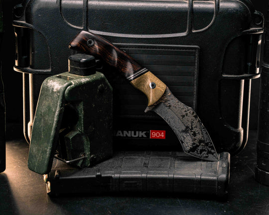 Buteo- OD Green Canvas Micarta, Black G10, Copper and Aluminum Split, Desert Ironwood, Mosaic Pins, Textured Grip