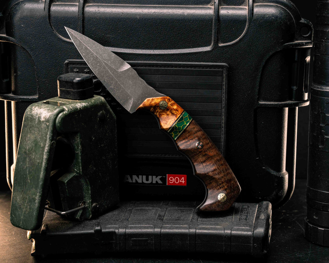 3" HUMINT- Amboyna Burl, Black G10 and Brass Pin Striping, Arizona Jade Tru-stone Split, Hawaiian Curly Koa, Mosaic Pins, Textured Grip