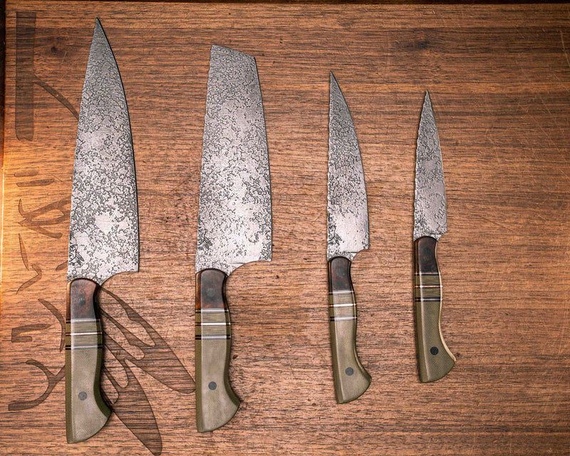 Chef Set- Desert Ironwood, Black G10 and Copper Pin Striping, OD Green Canvas Micarta Split, OD Green Canvas Micarta, Black Canvas Micarta Pins, Smooth Grip
