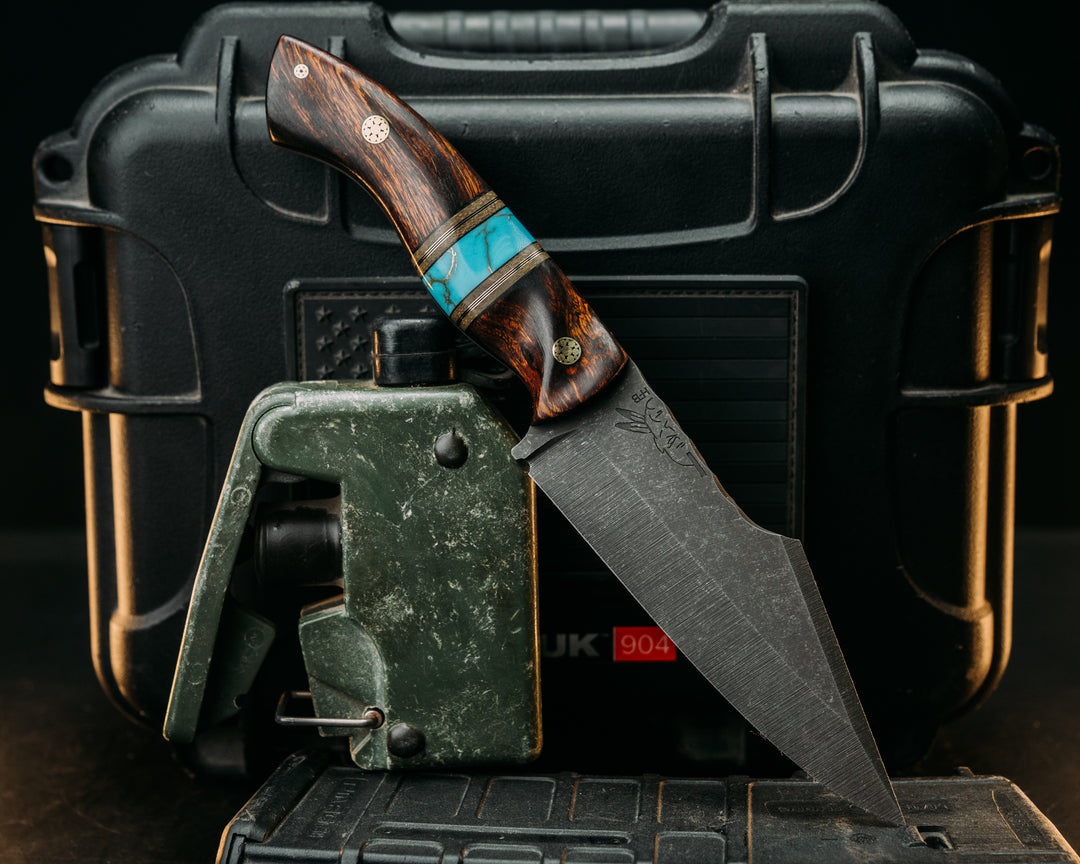 Widow Maker - Desert Ironwood, Black G10 & BrassPin Striping, OD Green Canvas Micarta & Turquoise w/ Gold Web TruStone Splits, Mosaic Pins, Textured Grip.