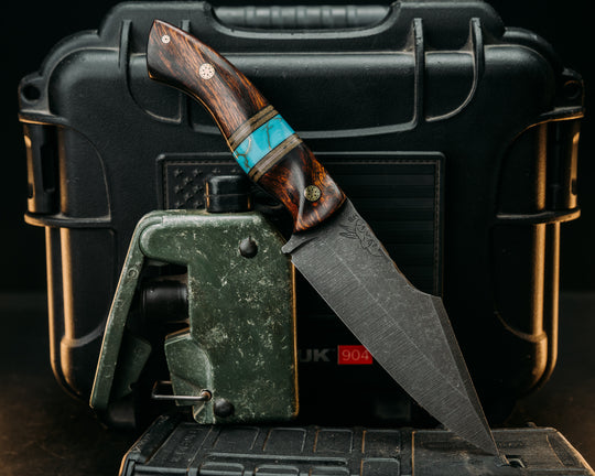 Widow Maker - Desert Ironwood, Black G10 & BrassPin Striping, OD Green Canvas Micarta & Turquoise w/ Gold Web TruStone Splits, Mosaic Pins, Textured Grip.