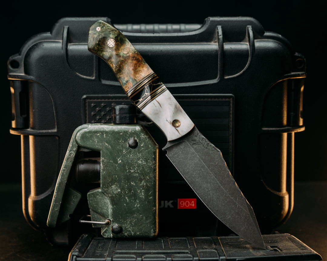 Field Knife - Elk Antler, Black & Coyote G10 w/ Brass Pin Striping, Black w/ Gold Web Tru Stone, Dyed Black Ash, Mosaic Pins, Textured Grip.