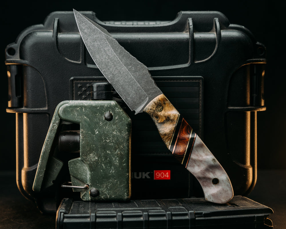 Field Knife - Buckeye, Black G10, Brass & Copper Pin Striping, Dersert Ironwood Split, Elk Antler, Mosaic Pin, Brass Lanyard Pin, Textured Grip.