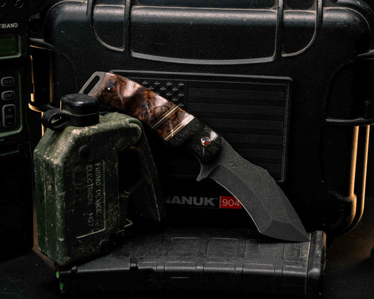 Buteo- Ancient Bog Oak, Copper, OD Green G10 and White G10 Pin Striping, Mahogany Split, Mahogany, Copper Patriot Mosaic Pins, Textured Grip