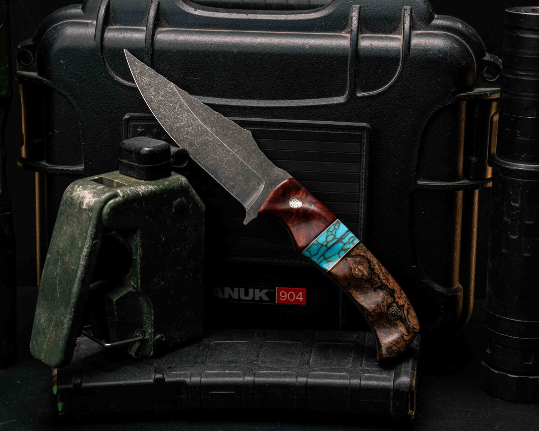 Tosahwi- Dyed Amboyna, Black G10 and Brass Pin Striping, Turquoise with Gold Web Tru-stone Split, Mahogany, Mosaic Pins, Textured Grip