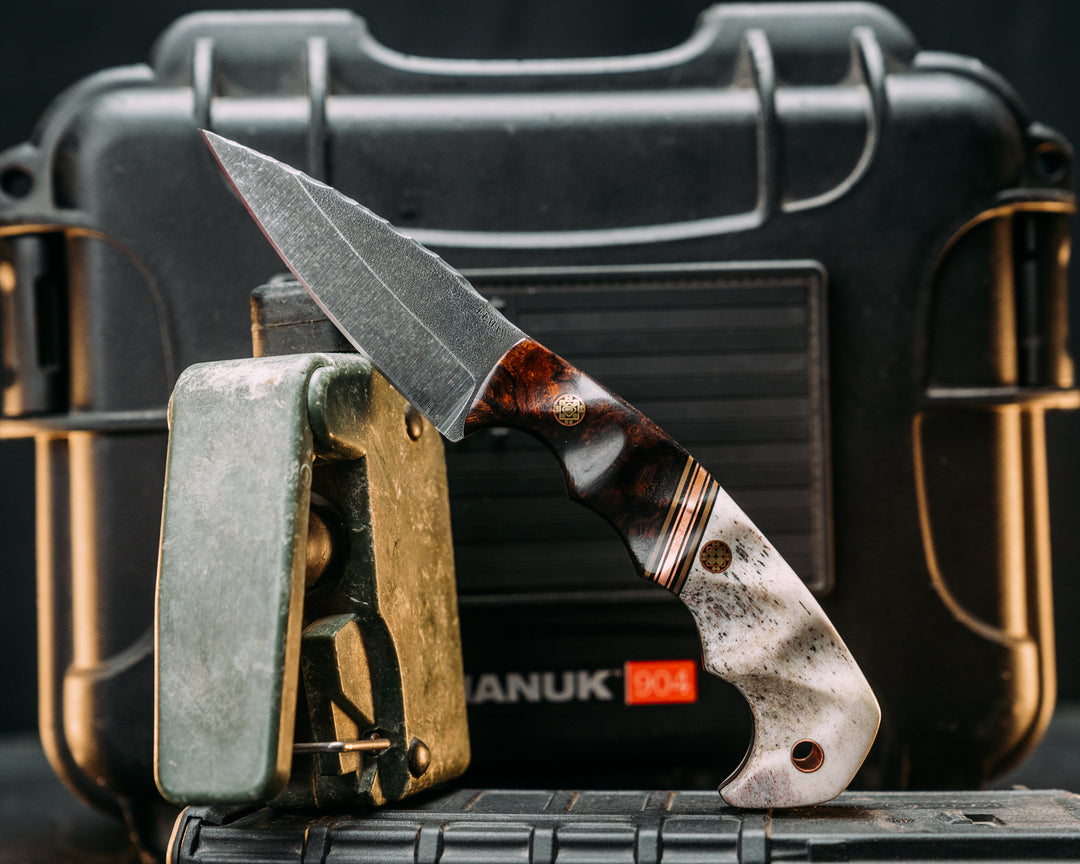 3" HUMINT- Desert Ironwood, Black G10, Coyote G10 and Copper Split, Elk antler, Mosaic Pins, Copper Lanyard Pin, Textured Grip
